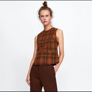 ZARA Woman Orange Plaid Peplum Sleeveless NEW Blouse Orange Yellow